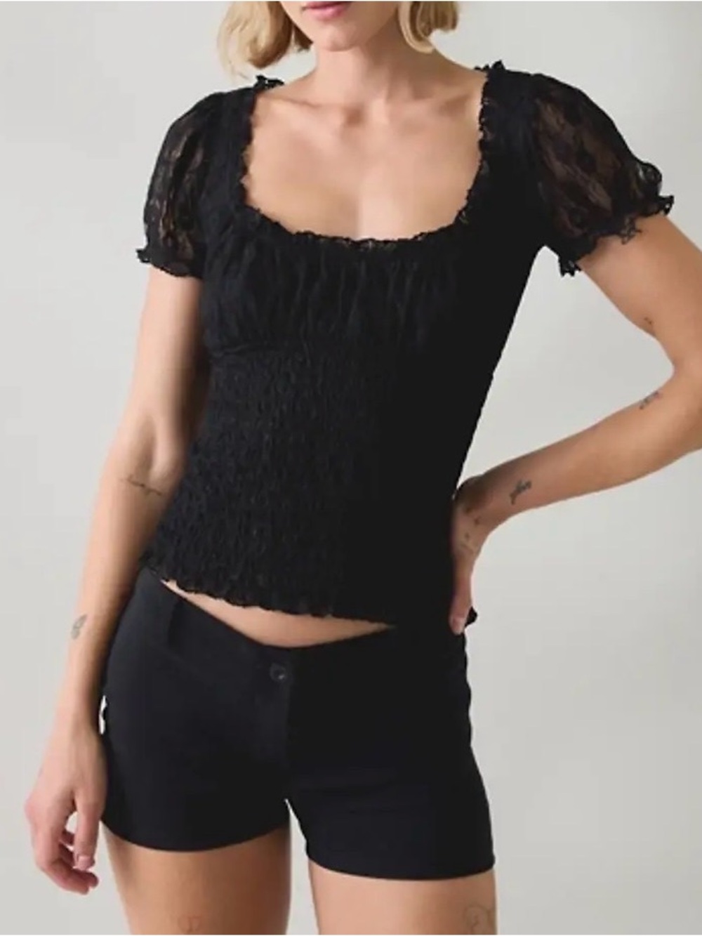 Urban Outfitters Black Smocked Lace Puff-Sleeve Crop Top